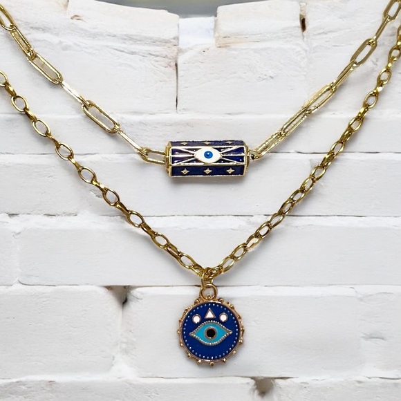 Gold toned and Blue Evil Eye Necklace Set Layer or wear alone - Picture 7 of 16